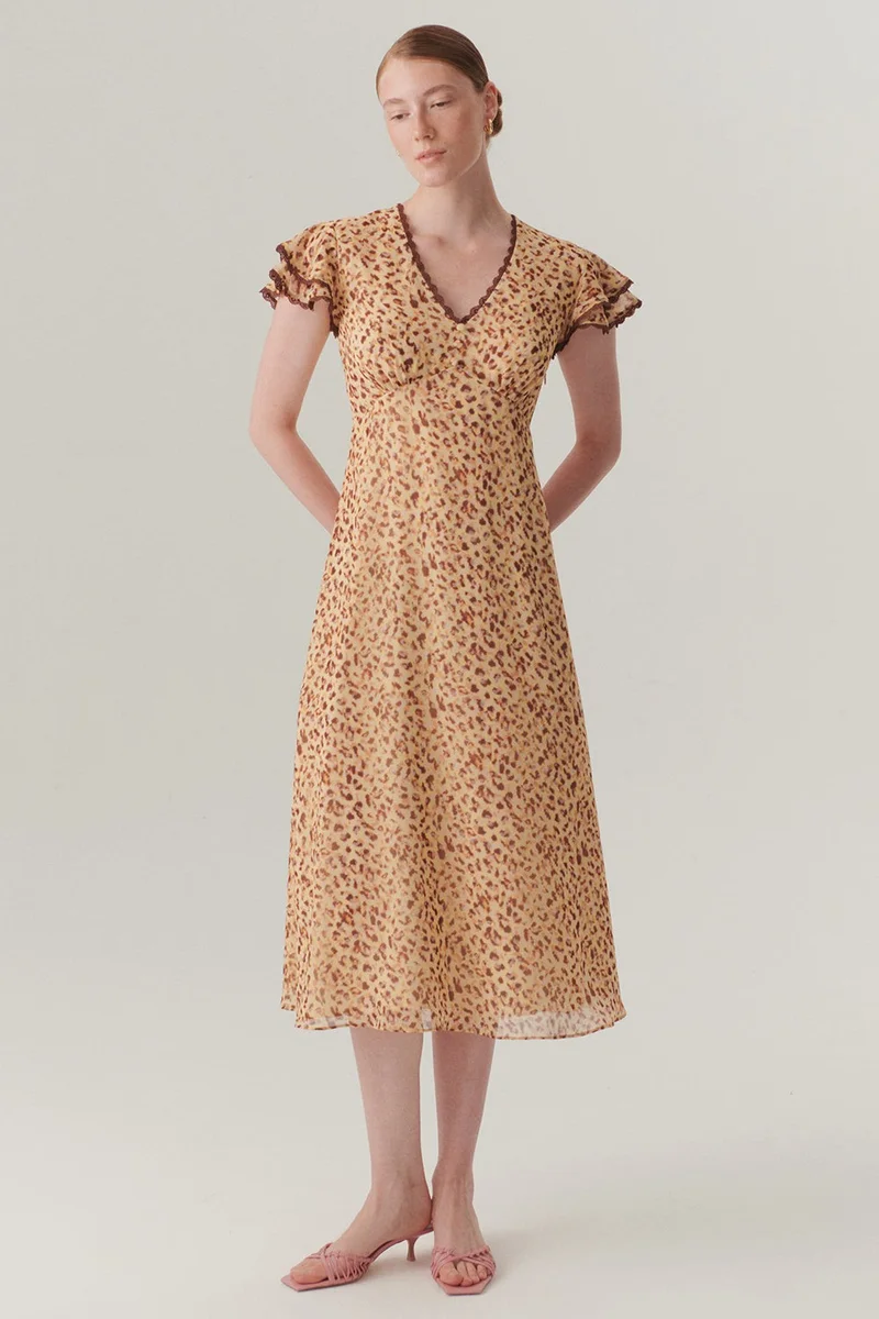 EXQUISE V-Neck, Sleeve Detail, Patterned Midi Length Chiffon Dress