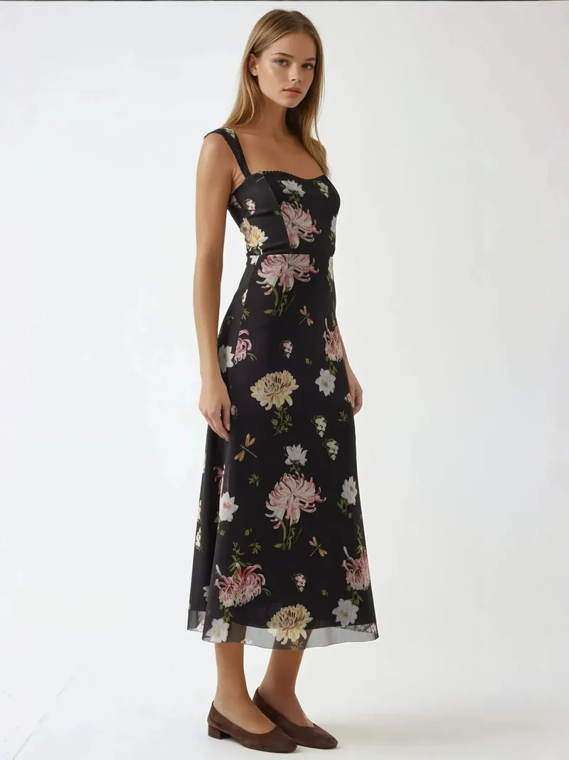 زوبعة فستان ماكسي منقوش بياقة على شكل قلب