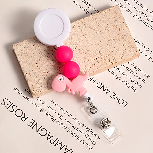 Lantintop Silicone Bead Retractable Badge Holders Shape Pumpkin Devil Ghost Cute Badge Reel for Doctor Nurse Teacher ID Badge Clip(Pink Dinosaur) - Image 4