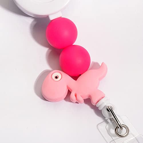 Lantintop Silicone Bead Retractable Badge Holders Shape Pumpkin Devil Ghost Cute Badge Reel for Doctor Nurse Teacher ID Badge Clip(Pink Dinosaur) - Image 2