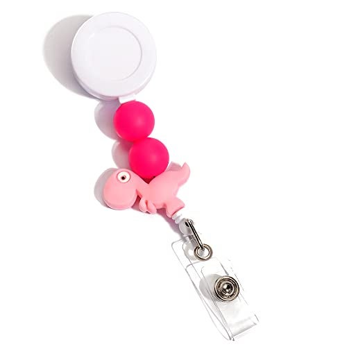 Lantintop Silicone Bead Retractable Badge Holders Shape Pumpkin Devil Ghost Cute Badge Reel for Doctor Nurse Teacher ID Badge Clip(Pink Dinosaur) - Image 1