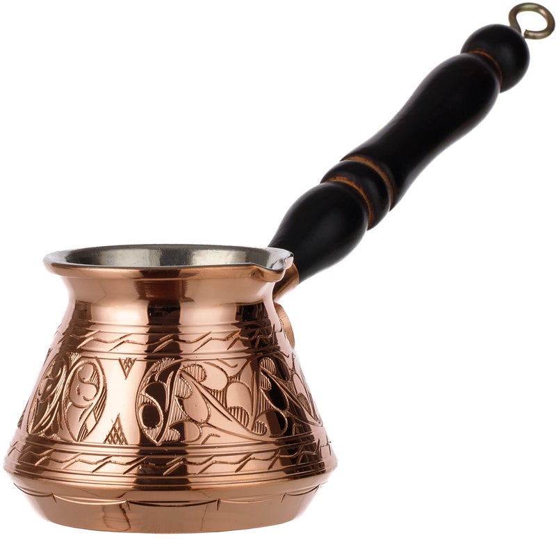DEMMEX Thickest Copper Turkish Greek Arabic Coffee Pot Stovetop Coffee Maker Cezve Ibrik Briki with Wooden Handle Spoon Hand Engraved