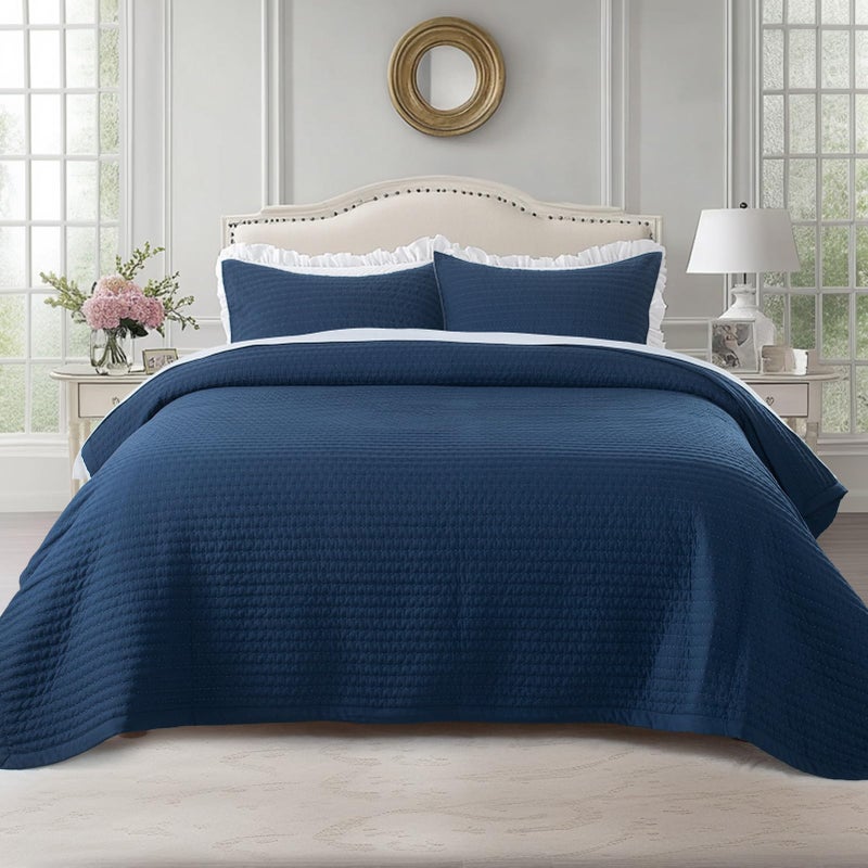 KASENTEX Oversized King Quilt Set 112x106 Soft Washed 3Layer Lightweight California King Bedspread Minimalist Nordic Design AllSeason Quilt Bedding 1 Quilt 2 Pillow Shams Dress Dark Blue