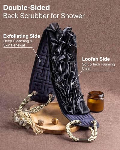 Yiclick Back Scrubber for Shower, Exfoliating Washcloth Towel with Handle, Body Scrubber Exfoliator, Bath Sponge Loofah Luffa, Back Washer Wash Cloth for Men Women, Korean Exfoliate Body Scrub - Image 2