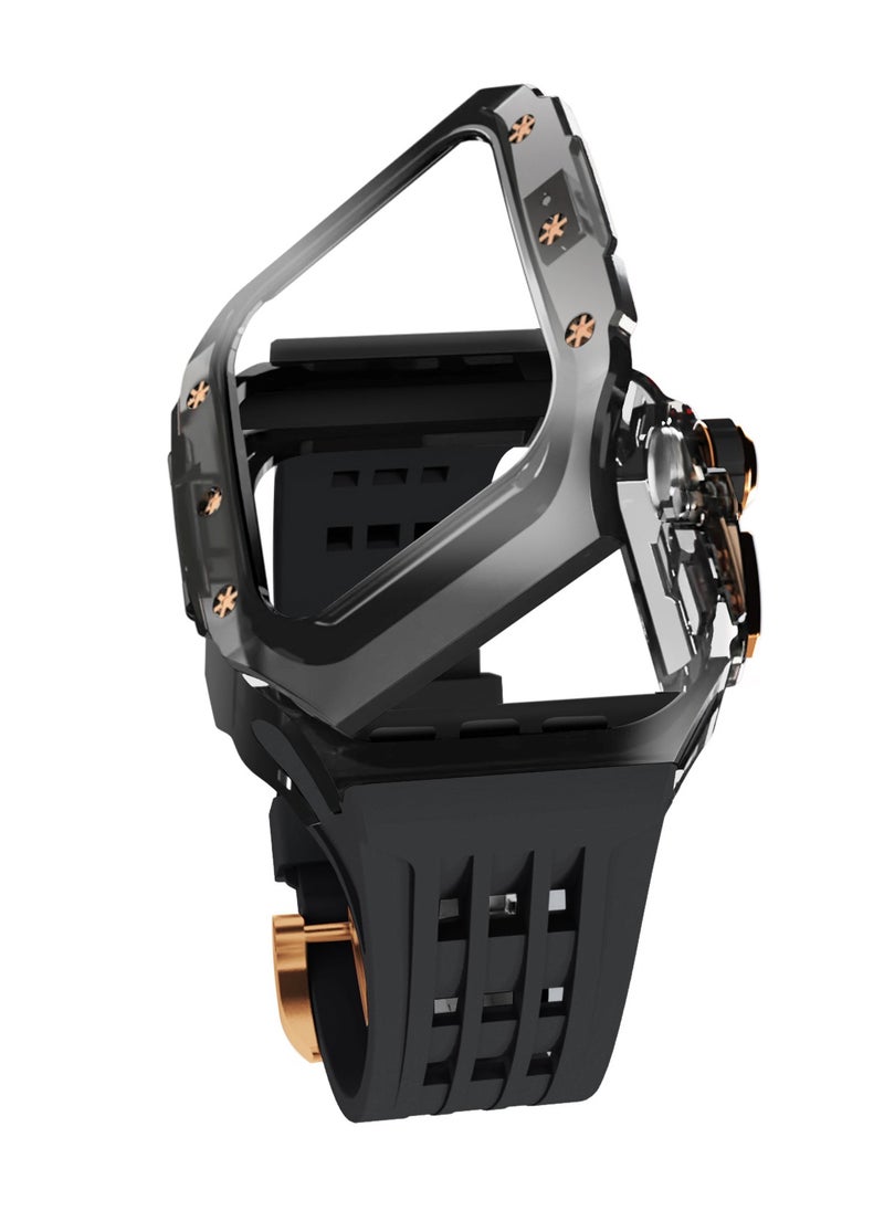 Generic Fluororubber Band with Quick Release Case for Apple Watch Series 10 46mm, Luxury Richard RM Mod Kit for Apple iWatch S10 46mm, Black-Black-Rose Gold  - Image 1