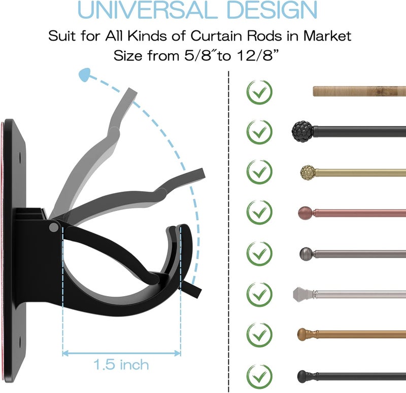 Wabboreq 4 Pieces Self Adhesive Curtain Rod Bracket, Universal Plastic Curtain Rod Holders, No Drill Curtain Rod Brackets Curtain Rod Hooks for Bathroom, Bedroom, Livingroom, Kitchen (Black) - Image 3