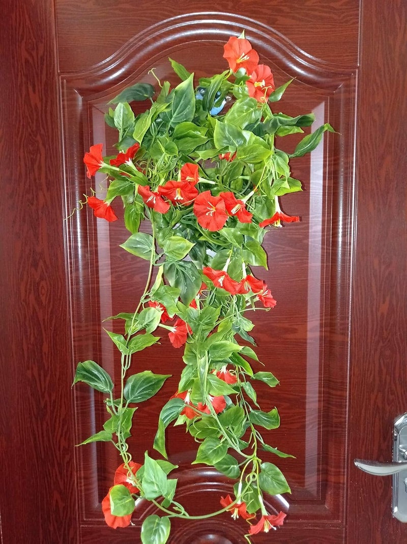 AirSun Artificial Morning Glory Flower Vines, 2pcs 15Feet Hanging Plants Silk Garland Fake Green Plant Home Garden Wall Fence Indoor Outdoor Wedding Birthday Decor (Red) - Image 5