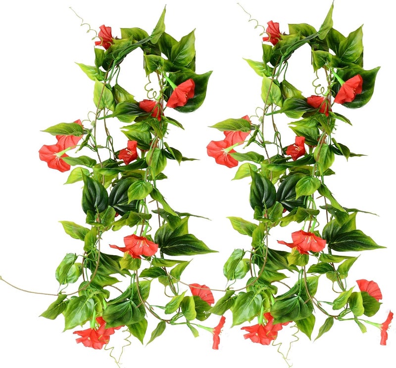AirSun Artificial Morning Glory Flower Vines, 2pcs 15Feet Hanging Plants Silk Garland Fake Green Plant Home Garden Wall Fence Indoor Outdoor Wedding Birthday Decor (Red) - Image 1