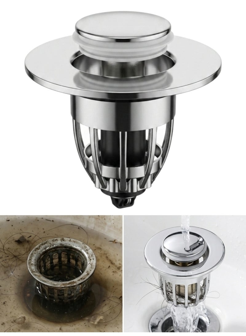 Universal Bathroom Sink Pop Up Drain Stopper with Hair Strainer, Push Button Drain Plug, Chrome, Plastic - Image 1