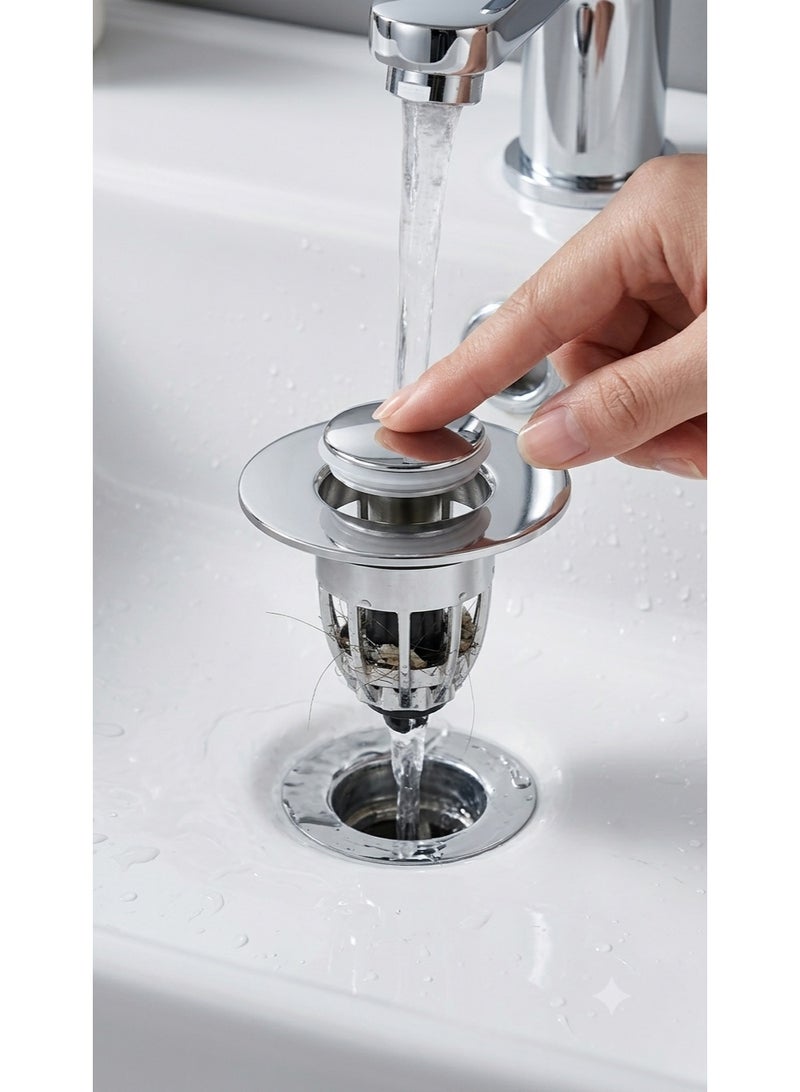 Universal Bathroom Sink Pop Up Drain Stopper with Hair Strainer, Push Button Drain Plug, Chrome, Plastic - Image 5