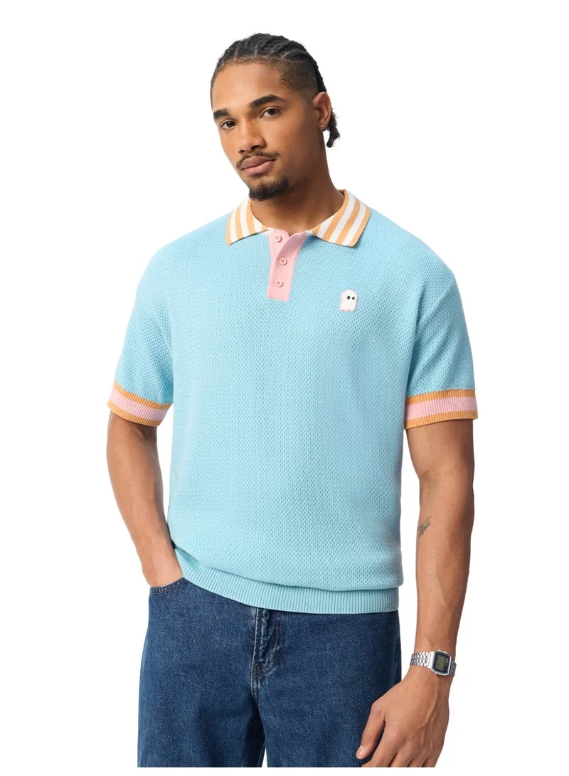 The Souled Store Ghost: Jacquard Polo Blue Soul Men and Boys Short Sleeve Spread Collar Light Blue and Pink Embroidered Colourblocked 100% Cotton Textured Knit Breathable Polo Shirts