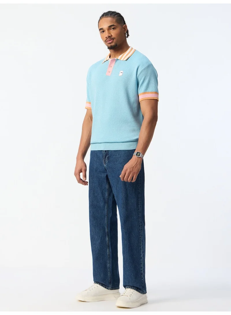 The Souled Store  The Souled Store Ghost: Jacquard Polo Blue Soul Men and Boys Short Sleeve Spread Collar Light Blue and Pink Embroidered Colourblocked 100% Cotton Textured Knit Breathable Polo Shirts  | Best Price UAE