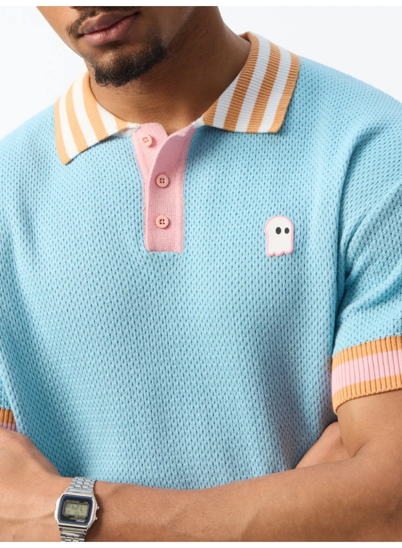 The Souled Store  The Souled Store Ghost: Jacquard Polo Blue Soul Men and Boys Short Sleeve Spread Collar Light Blue and Pink Embroidered Colourblocked 100% Cotton Textured Knit Breathable Polo Shirts  | Best Price UAE
