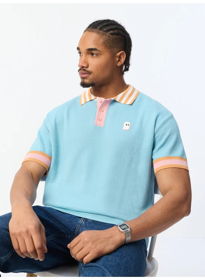 The Souled Store  The Souled Store Ghost: Jacquard Polo Blue Soul Men and Boys Short Sleeve Spread Collar Light Blue and Pink Embroidered Colourblocked 100% Cotton Textured Knit Breathable Polo Shirts  | Best Price UAE