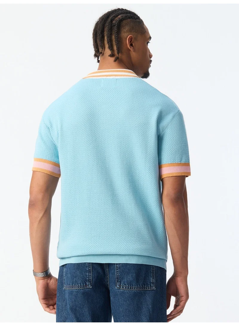 The Souled Store  The Souled Store Ghost: Jacquard Polo Blue Soul Men and Boys Short Sleeve Spread Collar Light Blue and Pink Embroidered Colourblocked 100% Cotton Textured Knit Breathable Polo Shirts  | Best Price UAE