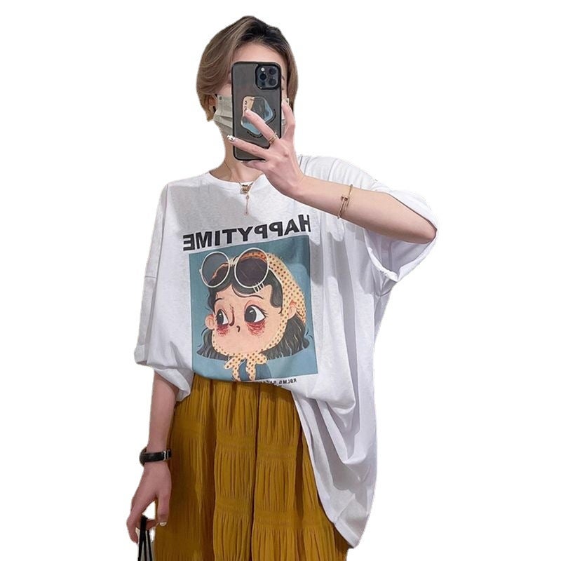 Women's cotton short-sleeved T-shirt 2023 new summer thin breathable loose design mid-length printed top - Image 4