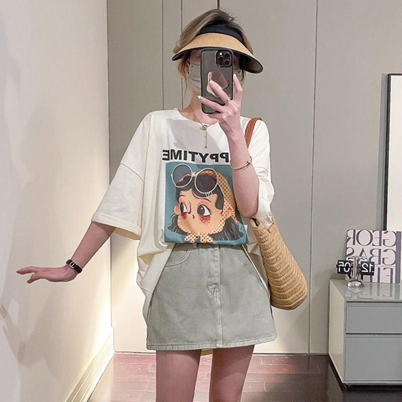 Women's cotton short-sleeved T-shirt 2023 new summer thin breathable loose design mid-length printed top - Image 1