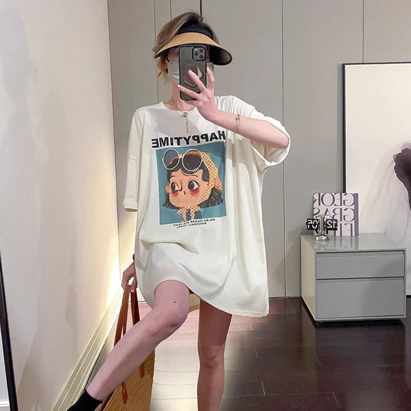 Women's cotton short-sleeved T-shirt 2023 new summer thin breathable loose design mid-length printed top - Image 2
