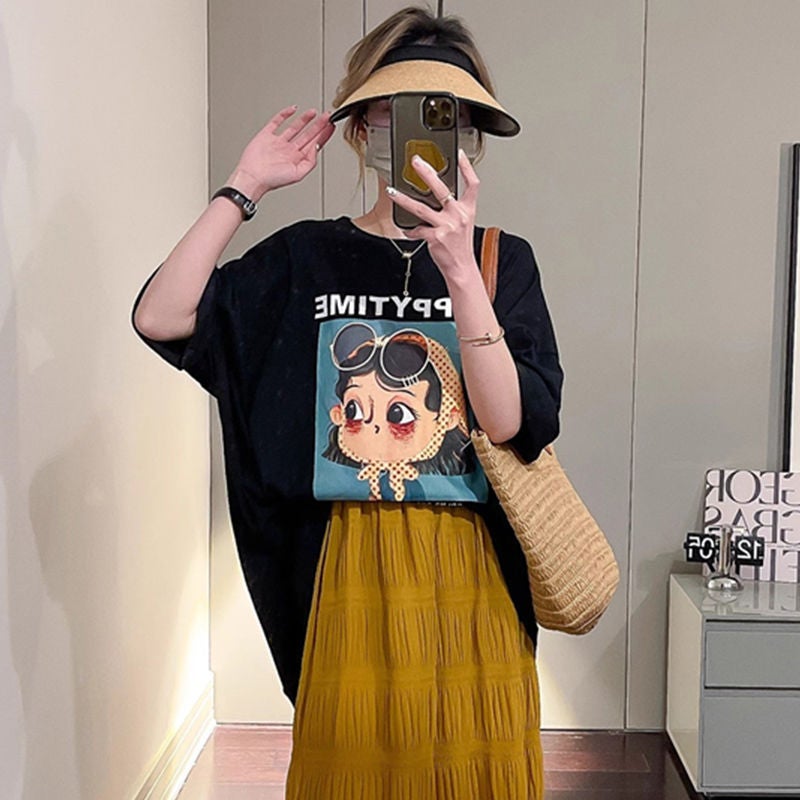 Women's cotton short-sleeved T-shirt 2023 new summer thin breathable loose design mid-length printed top - Image 3