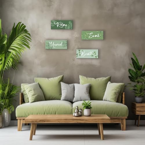 ONIZHITY 4 Pcs Sage Green Bathroom Wall Decors Relax Soak Unwind Breathe Wooden Word Sign Rustic Sage Bathroom Accessories For Bedroom Living Room Office Decorations(Green 10X4 Inch) - Image 2