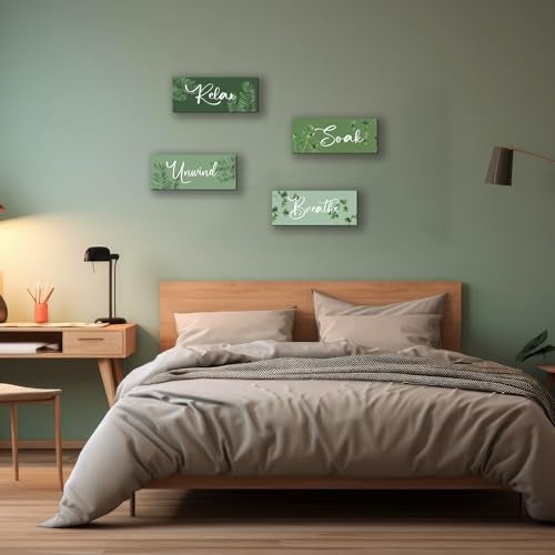 ONIZHITY 4 Pcs Sage Green Bathroom Wall Decors Relax Soak Unwind Breathe Wooden Word Sign Rustic Sage Bathroom Accessories For Bedroom Living Room Office Decorations(Green 10X4 Inch) - Image 5