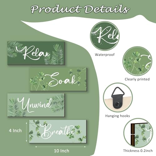 ONIZHITY 4 Pcs Sage Green Bathroom Wall Decors Relax Soak Unwind Breathe Wooden Word Sign Rustic Sage Bathroom Accessories For Bedroom Living Room Office Decorations(Green 10X4 Inch) - Image 4