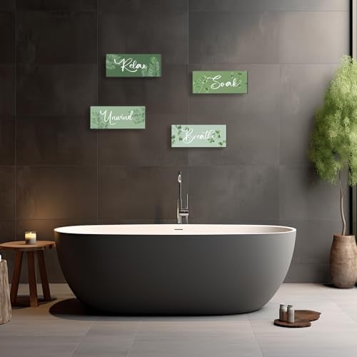 ONIZHITY 4 Pcs Sage Green Bathroom Wall Decors Relax Soak Unwind Breathe Wooden Word Sign Rustic Sage Bathroom Accessories For Bedroom Living Room Office Decorations(Green 10X4 Inch) - Image 3