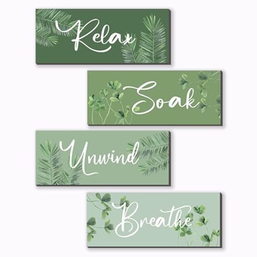 ONIZHITY 4 Pcs Sage Green Bathroom Wall Decors Relax Soak Unwind Breathe Wooden Word Sign Rustic Sage Bathroom Accessories For Bedroom Living Room Office Decorations(Green 10X4 Inch) - Image 1