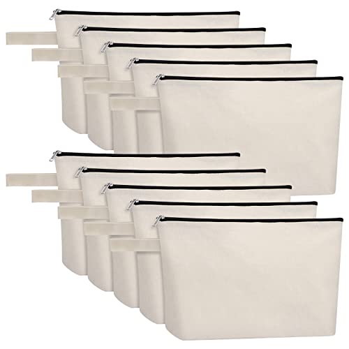 Sinzip 10 Pieces Cotton Canvas Makeup Bag with Bottom, Multi-Purpose Cosmetic Bag with Zipper Travel Toiletry Pouch, Blank DIY Craft Bag Pencil Bag (L, White) (MN-WB07) - Image 1