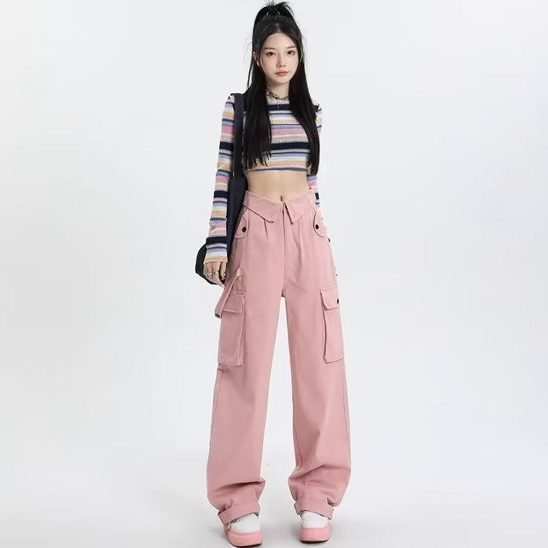 High Waist Casual Sweet Cool Style Casual Pants Womens All-match Slim Look Flap Covers American Style Hot Girl Front Patch Pocket Wide Leg Pants pink