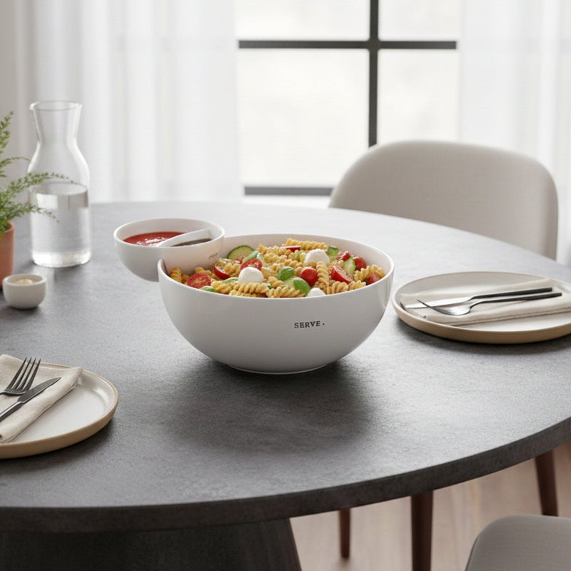 Shallow White Porcelain Chip & Dip Serving Set (2-Piece)  25cm Platter with 14cm Dip Bowl | Minimalist Tableware for Entertaining & Everyday Dining - Image 3