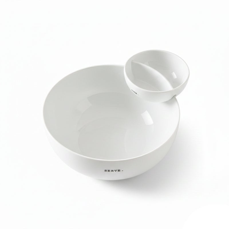Shallow White Porcelain Chip & Dip Serving Set (2-Piece)  25cm Platter with 14cm Dip Bowl | Minimalist Tableware for Entertaining & Everyday Dining - Image 1
