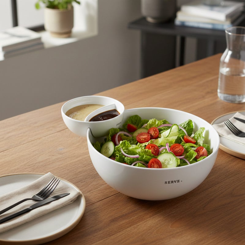 Shallow White Porcelain Chip & Dip Serving Set (2-Piece)  25cm Platter with 14cm Dip Bowl | Minimalist Tableware for Entertaining & Everyday Dining - Image 5