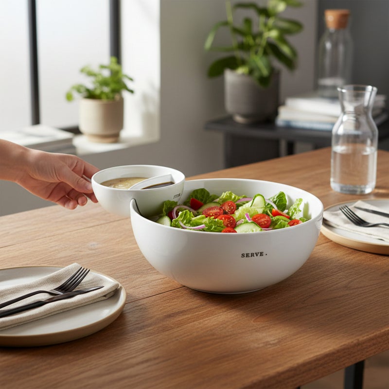 Shallow White Porcelain Chip & Dip Serving Set (2-Piece)  25cm Platter with 14cm Dip Bowl | Minimalist Tableware for Entertaining & Everyday Dining - Image 4