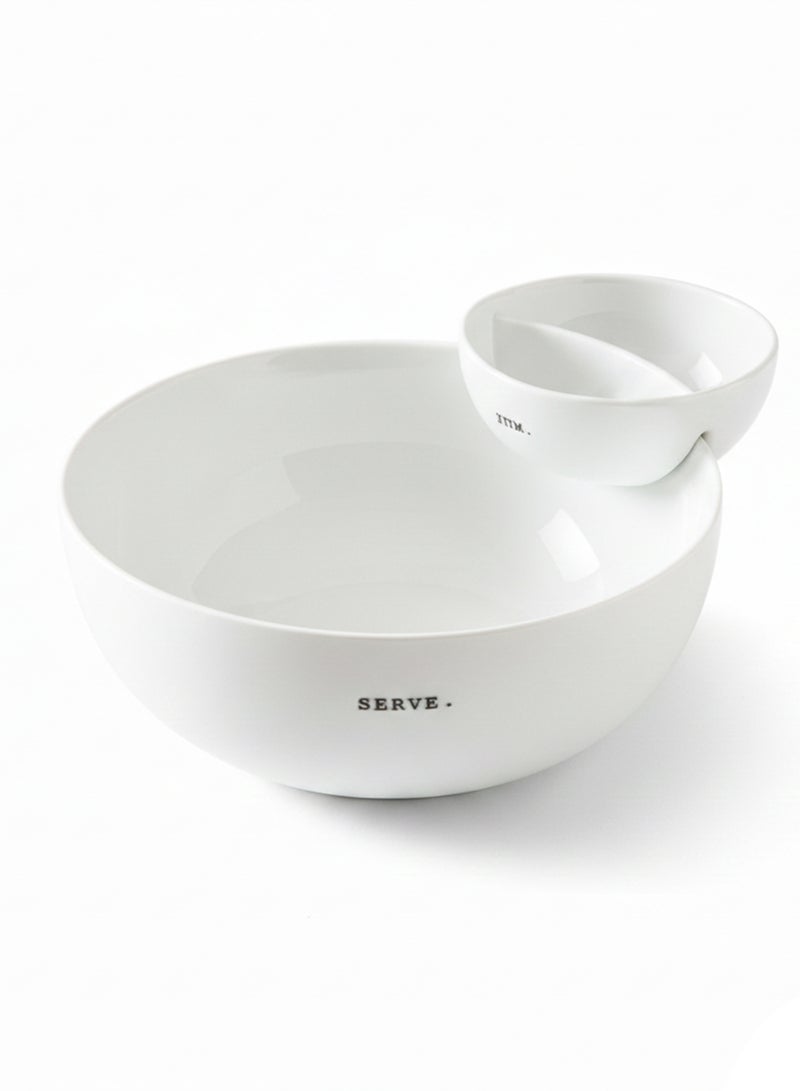 Shallow White Porcelain Chip & Dip Serving Set (2-Piece) – 25cm Platter with 14cm Dip Bowl | Minimalist Tableware for Entertaining & Everyday Dining - Image 1