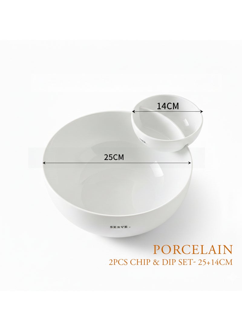Shallow White Porcelain Chip & Dip Serving Set (2-Piece) – 25cm Platter with 14cm Dip Bowl | Minimalist Tableware for Entertaining & Everyday Dining - Image 3