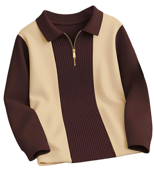 AUSK T-Shirt for Men Zip Neck Texture Self Design Cotton Blend Mens Tshirts Brown - Image 1