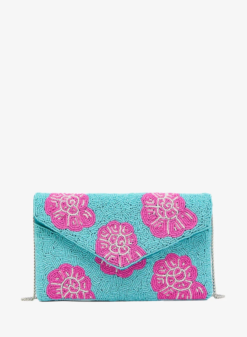 Embroidered Beaded Shell Print Clutch
