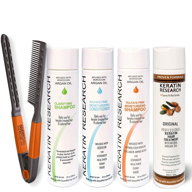 KERATIN RESEARCH Complex Brazilian Keratin Blowout Hair Treatment 4 Bottles 300ml Value Kit Includes Sulfate Free and Easy Comb Queratina Keratina Brasilera Tratamiento