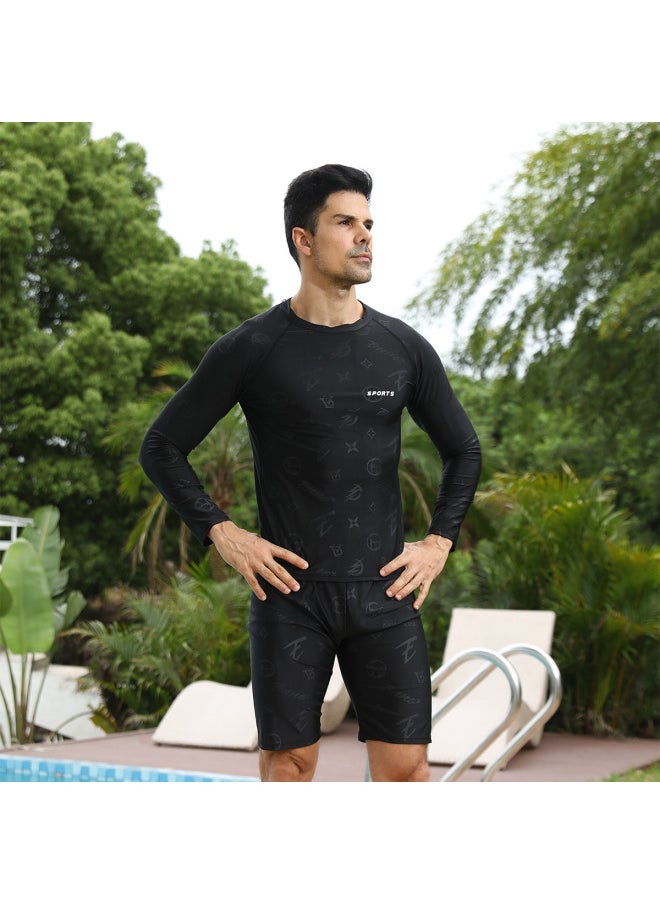 Loquat Swimwear Men's Split Two-piece Set Men's Sunscreen Short-sleeved Surfing Scuba Suit Large Size Beach Swimming Trunks For Men-Color:Long Sleeve Dark Flower Swimsuit + Swimming Trunks-  - Image 1