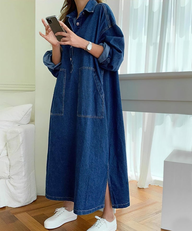 Jofemuho Womens Spring Fall Long Sleeve Denim Maxi Shirt Dress with Split - Image 4