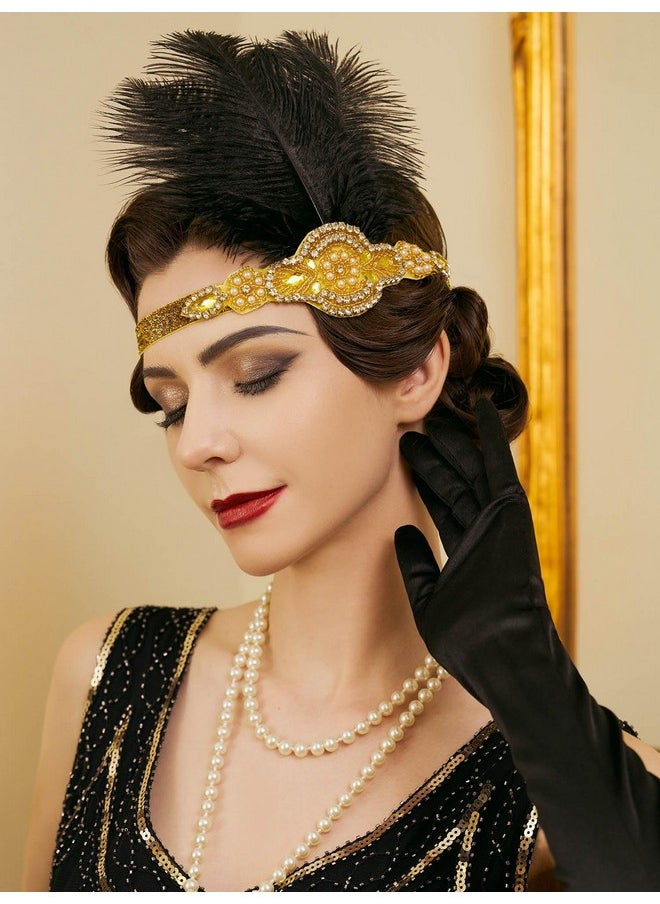 SWEETV 1920S Headpiece Flapper Headband, Feather Rhinestone Roaring 20S Great Gatsby Hair Accessories For Women,Yellow  - Image 3