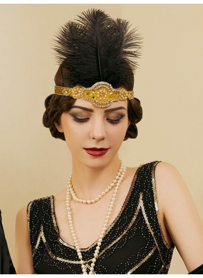 SWEETV 1920S Headpiece Flapper Headband, Feather Rhinestone Roaring 20S Great Gatsby Hair Accessories For Women,Yellow  - Image 4