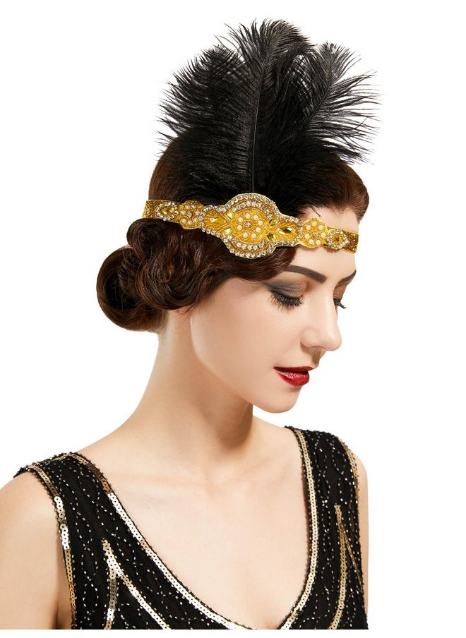 SWEETV 1920S Headpiece Flapper Headband, Feather Rhinestone Roaring 20S Great Gatsby Hair Accessories For Women,Yellow  - Image 1
