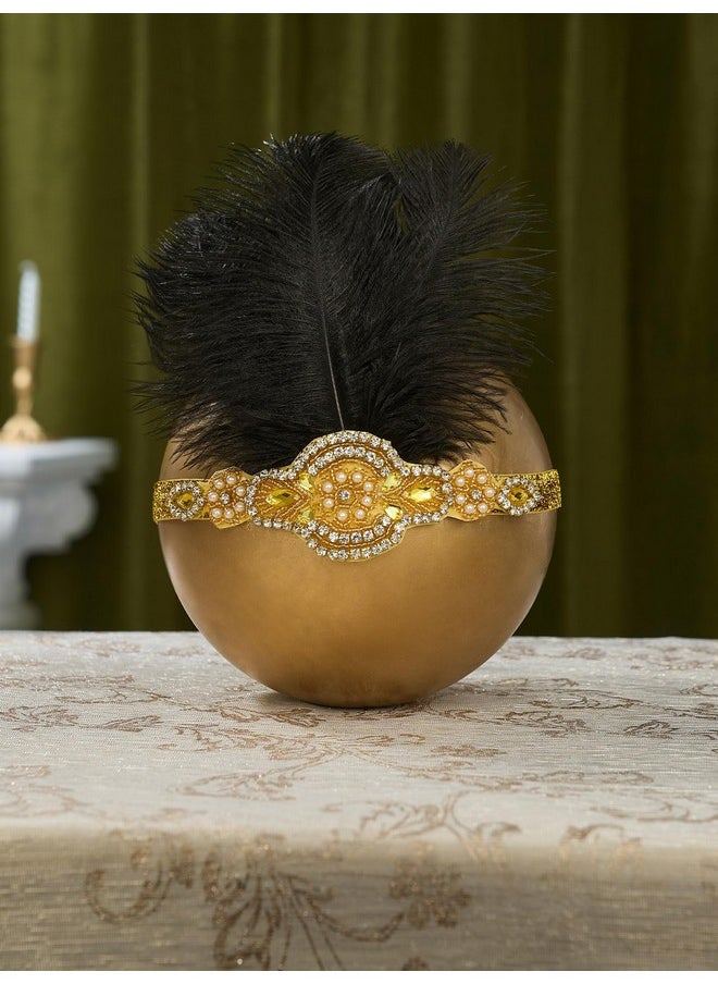 SWEETV 1920S Headpiece Flapper Headband, Feather Rhinestone Roaring 20S Great Gatsby Hair Accessories For Women,Yellow  - Image 2