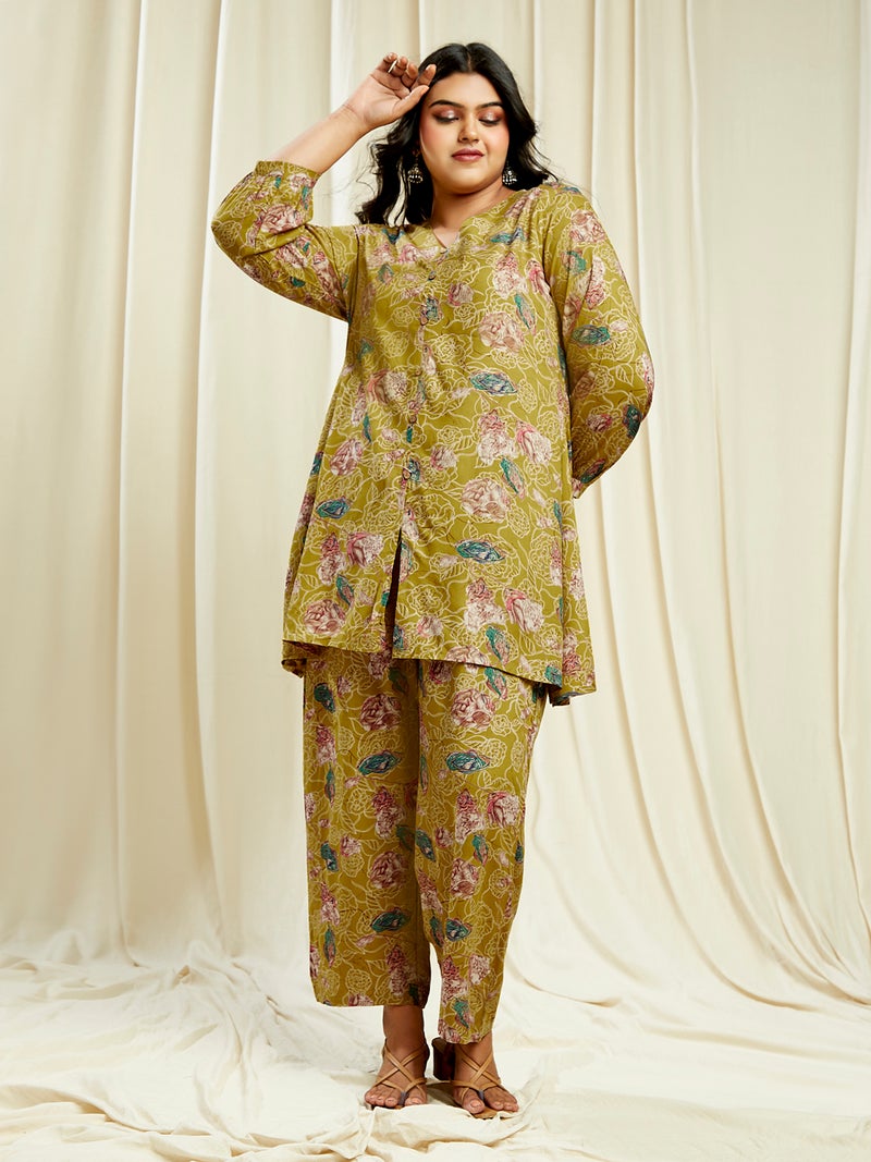 globus Globus Gloplus Women Yellow V-Neck Floral Print Tunic With Wide Leg Trousers Plus Size Co-Ord Set  - Image 1
