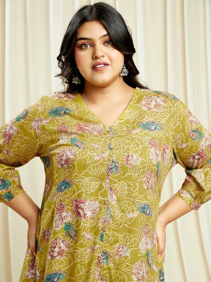 globus Globus Gloplus Women Yellow V-Neck Floral Print Tunic With Wide Leg Trousers Plus Size Co-Ord Set