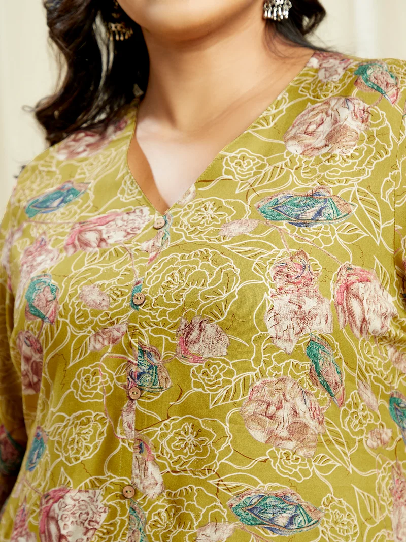 globus Globus Gloplus Women Yellow V-Neck Floral Print Tunic With Wide Leg Trousers Plus Size Co-Ord Set