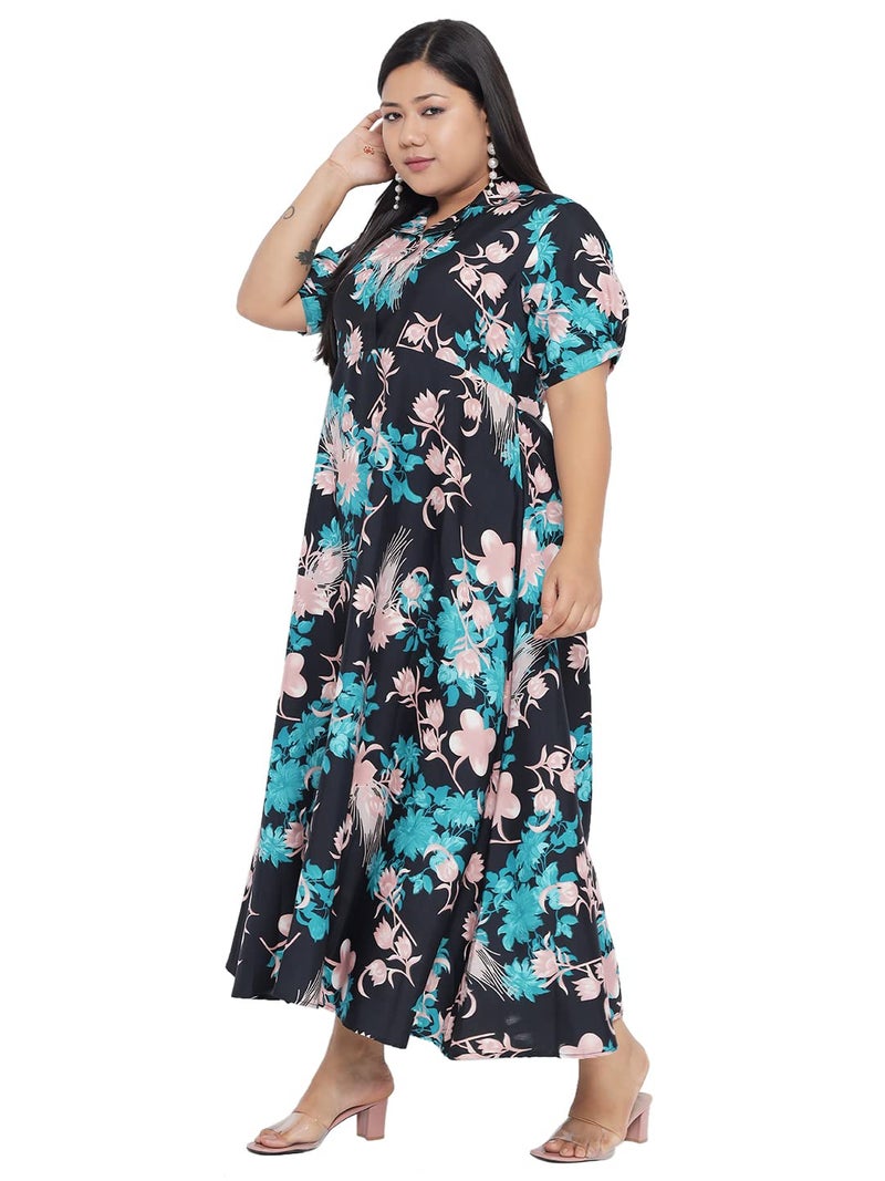 Indietoga Women's Plus Size Green & Black Printed Long Maxi Dress (6XL) - Image 5