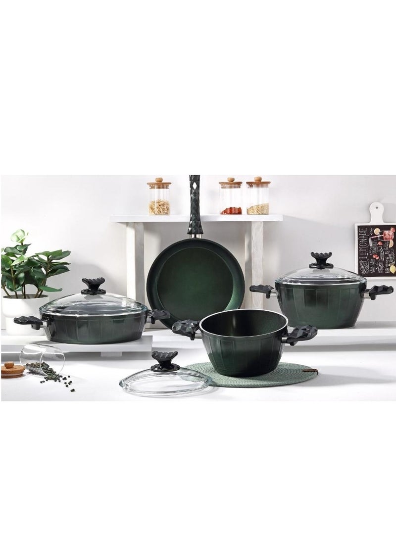 Homemaker 7-Piece Farah Cookware Set - Tempered Glass Lids - 2 Deep Pots - 1 Low Pot - 1 Frypan - Non-Stick Ceramic Surface - PFOA Free - Green  - Image 1